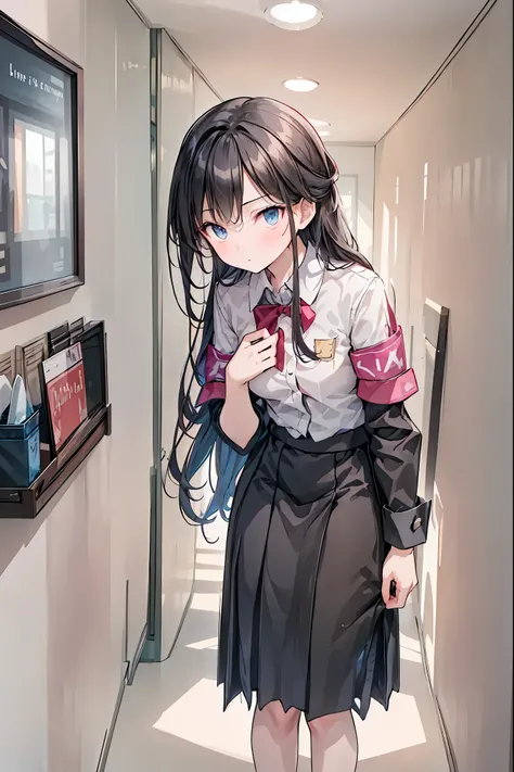 Little Girl with High Pressure Discipline Chairman，((from ↑:1.2)),(((Chairman of the Discipline Committee's armband)))，cowboy shot on exposed armpits，About 150 centimeters,charismatic presence, Tall Boys Surrounding Her Surrounding Her Surrounding Area,Poi...