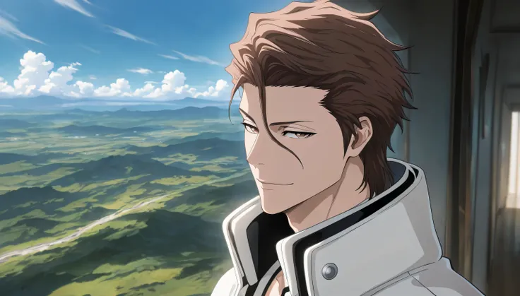 masterpiece, best quality, amazing quality, very aesthetic, absurdres,  newest, (scenery, volumetric lighting),

aizen sousuke, solo, looking at viewer, smile, brown hair, 1boy, brown eyes, vslinxaizen_arrancar, jacket, male focus, sky, day, cloud, blue sk...