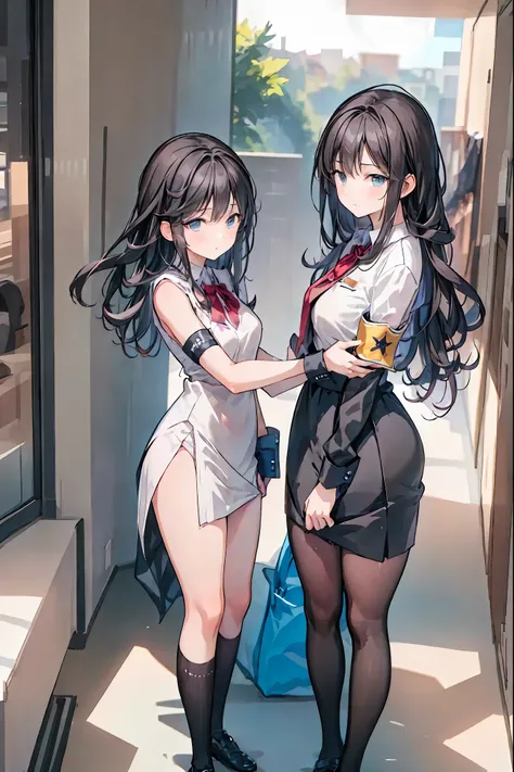 Little Girl with High Pressure Discipline Chairman,((from ↑:1.2)),(((Chairman of the Discipline Committee's armband))),cowboy shot on exposed armpits,About 150 centimeters,charismatic presence, Tall Boys Surrounding Her Surrounding Her Surrounding Area,Poi...