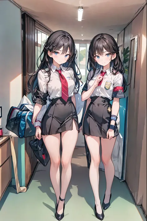 Little Girl with High Pressure Discipline Chairman,((from ↑:1.2)),(((Chairman of the Discipline Committee's armband))),cowboy shot on exposed armpits,About 150 centimeters,charismatic presence, Tall Boys Surrounding Her Surrounding Her Surrounding Area,Poi...