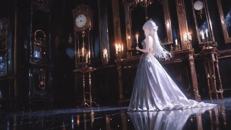 A gothic ballroom bathed in pale moonlight, an antique clock striking midnight. A lone woman in a flowing black and silver dress stands beneath flickering candlelight, her reflection shimmering on the marble floor. The atmosphere is mysterious and elegant,...