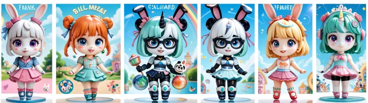 A cinematic 3D poster of the “Tiny Planet Friends Universe” — multiple cute floating miniature planets, each with a small chibi character on top (panda, rabbit, robot, dragon, unicorn, etc.), all rendered in soft pastel clay style. 
Colorful dreamy backgro...