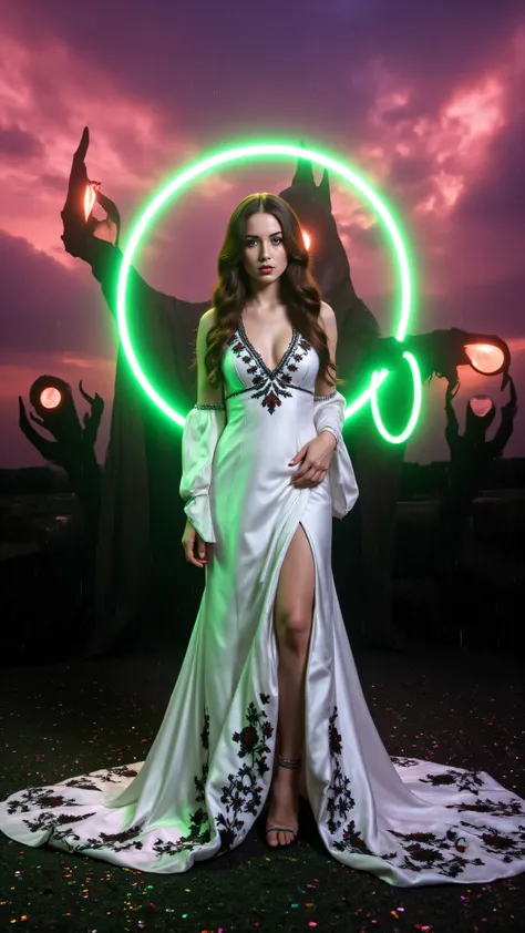 An ultraattractive young woman with very long wavy brown hair wearing a white silk mermaid-style dress with a sweeping train and black and red embroidered floral patterns surrounded by a circle of bright neon green ultra brightness that swirls around her a...
