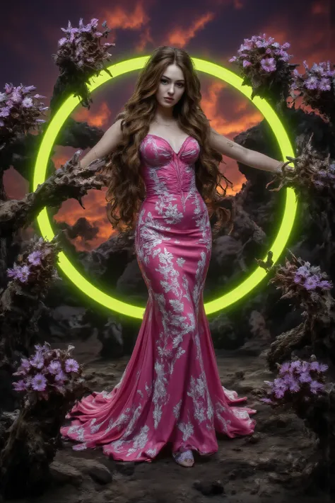 An ultra-attractive young woman with very long wavy brown hair wearing a pink silk mermaid-style dress with a sweeping train and white embroidered floral patterns. Behind her, a solid circle of neon green surrounded by neon yellow ultra-brightness swirls. ...