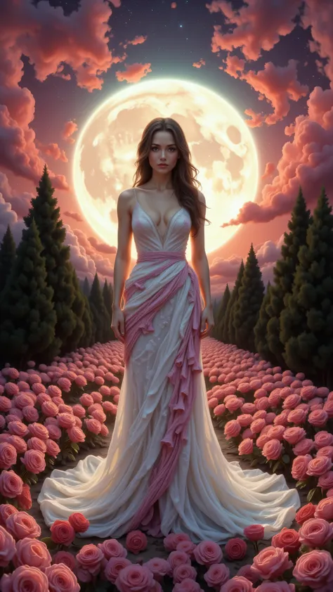A woman amongst roses in front of an enormous full moon. Stretch reddish/purple stratus clouds over the lower half of the moon. Make direct eye contact with the woman, Kubrick Stare, change the dress color to Tropical Kool-Aid swirled with grape Kool-Aid t...