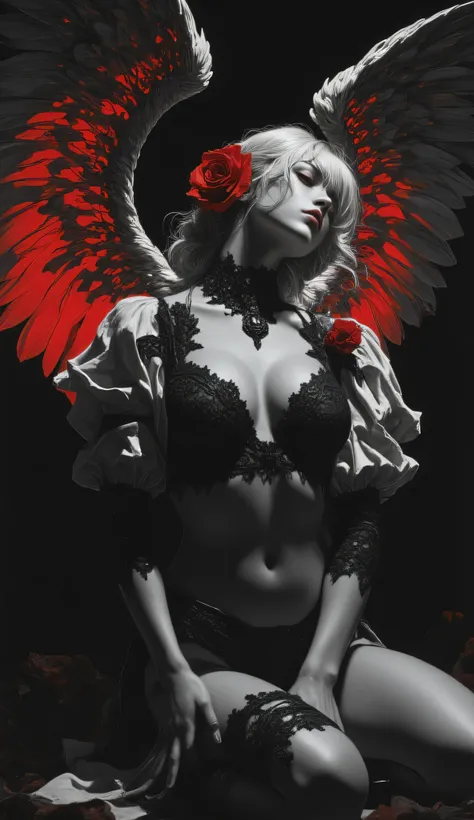 Subject/Composition: Black and white (monochrome), ultra-detailed, Stunning full body shot of a beautiful young winged woman kneeling gracefully, gaze directed upwards, eyes closed, lips slightly parted in an ethereal expression. She wears an intricate bla...