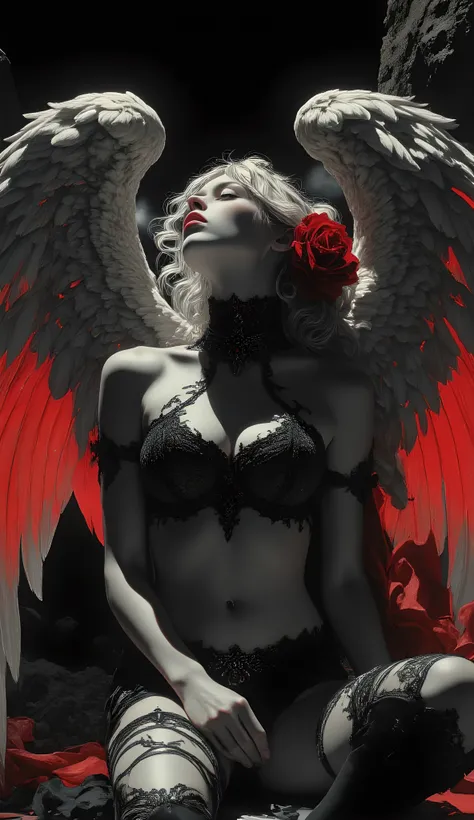 Subject/Composition: Black and white (monochrome), ultra-detailed, Stunning full body shot of a beautiful young winged woman kneeling gracefully, gaze directed upwards, eyes closed, lips slightly parted in an ethereal expression. She wears an intricate bla...