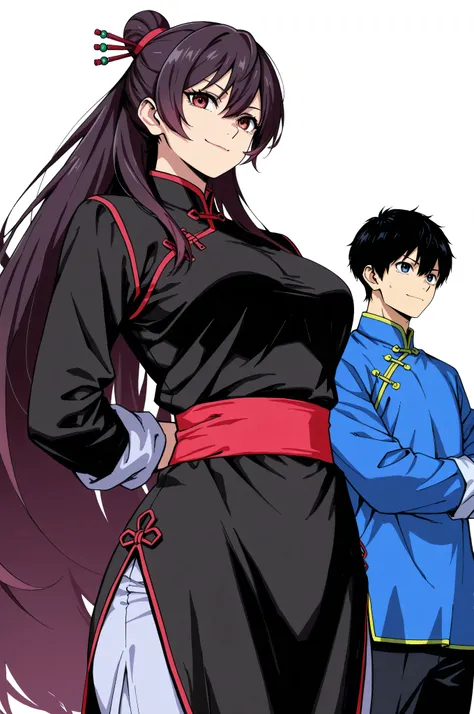 gsfghtr, chinese clothes,KungFuUniform,score_9, score_8_up, score_7_up, gsfghtr, 1girl, smile serious, kohei horitoshi, white background, mature female, anime style, pants, wong fei hung, breasts, 1boyfriend,