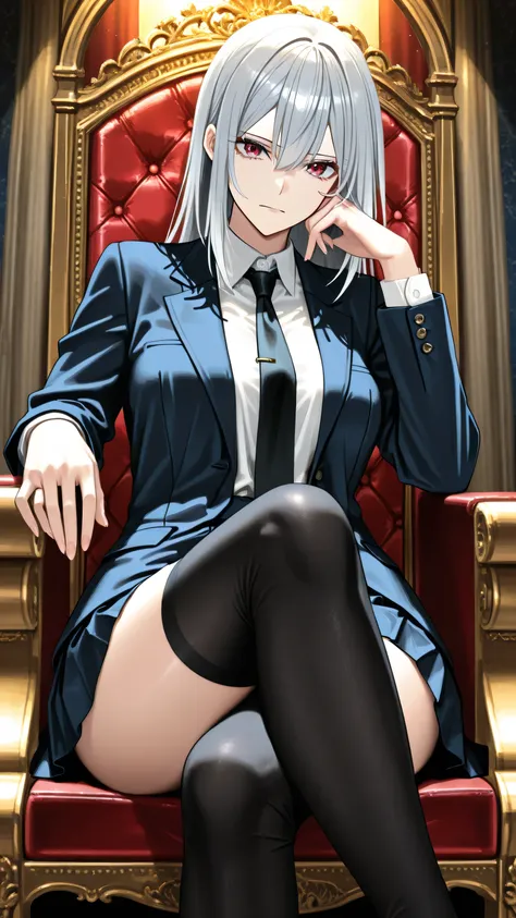 A tall, slender and graceful woman with long straight silver hair and sharp red eyes sits regally on a grand throne. Her gaze is cold, commanding, and filled with quiet superiority — the perfect tsun-tsun queenly gal aura. She wears a navy blue school unif...