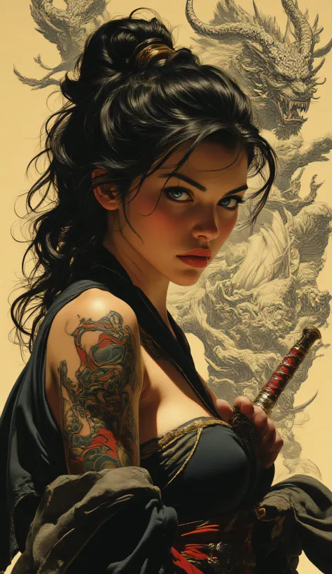Portrait of a samurai warrior woman, intense and penetrating expression, vivid blue eyes, long flowing black hair. She wears a sleevesless and open black kimono. She holds a katana with a red hilt resting between her breasts, the tip pointing down. Complex...