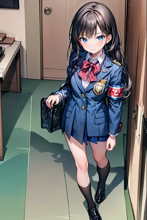 Little Girl with High Pressure Discipline Chairman，((from above:1.2)),(((Chairman of the Discipline Committee's armband)))，cowboy shot on exposed armpits，About 150 centimeters,charismatic presence,Young face，High School， 周囲を高身長男子High School生が取り囲む,Pointing ...