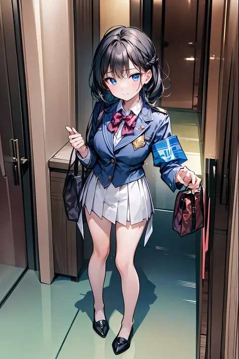 Little Girl with High Pressure Discipline Chairman，((from above:1.2)),(((Chairman of the Discipline Committee's armband)))，cowboy shot on exposed armpits，About 150 centimeters,charismatic presence,Young face，High School， 周囲を高身長男子High School生が取り囲む,Pointing ...