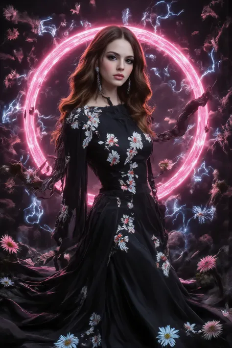An ultra-attractive young woman with very long wavy brown hair wearing a black silk mermaid-style dress with a sweeping train and white and red embroidered floral patterns. Behind her, a solid circle of hot pink ultra-brightness swirls while tiny blue and ...