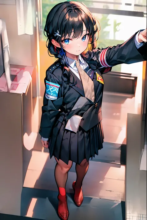 Little Girl with High Pressure Discipline Chairman，((from above:1.2)),(((Chairman of the Discipline Committee's armband)))，cowboy shot on exposed armpits，About 150 centimeters,charismatic presence,Young face，High School， 周囲を高身長男子High School生が取り囲む,Pointing ...