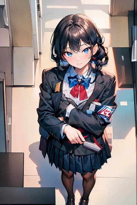 Little Girl with High Pressure Discipline Chairman，((from above:1.2)),(((Chairman of the Discipline Committee's armband)))，cowboy shot on exposed armpits，About 150 centimeters,charismatic presence,Young face，High School， 周囲を高身長男子High School生が取り囲む,Pointing ...