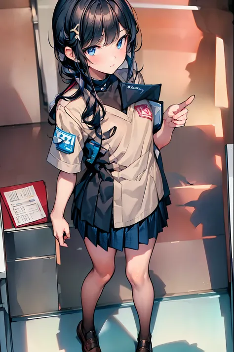 Little Girl with High Pressure Discipline Chairman，((from above:1.2)),(((Chairman of the Discipline Committee's armband)))，cowboy shot on exposed armpits，About 150 centimeters,charismatic presence,Young face，High School， 周囲を高身長男子High School生が取り囲む,Pointing ...