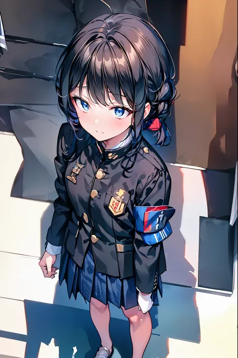 Little Girl with High Pressure Discipline Chairman,((from above:1.2)),(((Chairman of the Discipline Committee's armband))),cowboy shot on exposed armpits,About 150 centimeters,charismatic presence,Young face,High School, 周囲を高身長男子High School生が取り囲む,Pointing ...