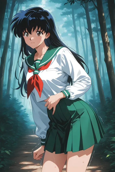 kagome higurashi, long hair, black hair, retro artstyle, brown eyes,,skirt, shirt, long sleeves, school uniform, white shirt, pleated skirt, serafuku, sailor collar, neckerchief, green skirt, red neckerchief, cowboy shot,
Solo, general, masterpiece, high...