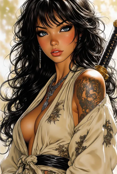 Subject/Composition:
Black and white (monochrome), ultra-detailed, cinematic portrait of:
a beautiful samurai/ninja warrior with piercing blue eyes, intense expression, long flowing black hair. He wears a suede or light beige kimono and low-cut, seductive...