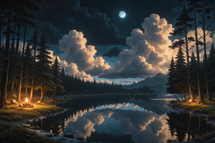 Movie Still,Film Still,Cinematic,Cinematic Shot,Cinematic Lighting,a picture of there is tranquil lake at night, a moon in the sky, some clouds, some trees, old trees, female mink meditating, 16k, highres, best quality, high details, ultra detailed, master...