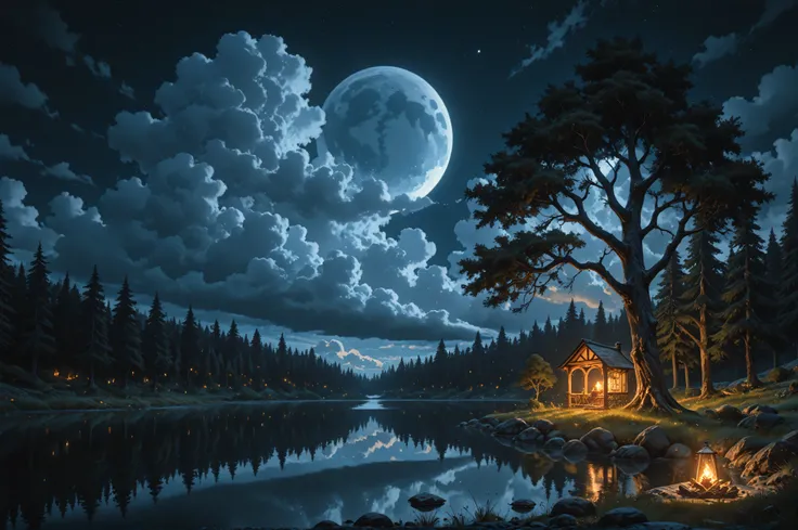 Movie Still,Film Still,Cinematic,Cinematic Shot,Cinematic Lighting,a picture of there is tranquil lake at night, a moon in the sky, some clouds, some trees, old trees, female mink meditating, 16k, highres, best quality, high details, ultra detailed, master...