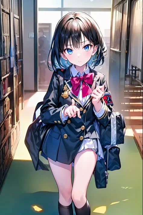 Little Girl with High Pressure Discipline Chairman，((From ↓:1.2)),(((Chairman of the Discipline Committee's armband)))，cowboy shot，About 150 centimeters,charismatic presence,Young face，High School， 周囲を高身長男子High School生が取り囲む,Pointing and Instructing,4K High...