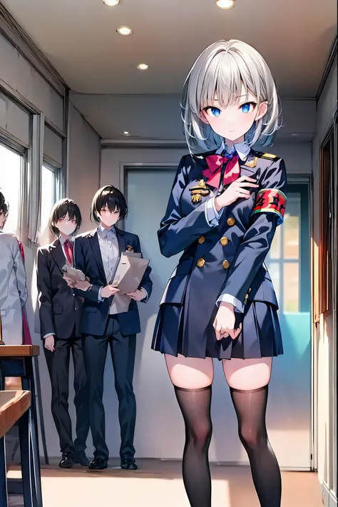 Little Girl with High Pressure Discipline Chairman，((From ↓:1.2)),(((Chairman of the Discipline Committee's armband)))，cowboy shot，About 150 centimeters,charismatic presence,Young face，High School， 周囲を高身長男子High School生が取り囲む,Pointing and Instructing,4K High...