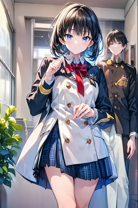 Little Girl with High Pressure Discipline Chairman，((From ↓:1.2)),(((Chairman of the Discipline Committee's armband)))，cowboy shot，About 150 centimeters,charismatic presence,Young face，High School， 周囲を高身長男子High School生が取り囲む,Pointing and Instructing,4K High...