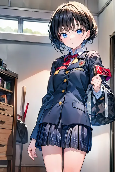 Little Girl with High Pressure Discipline Chairman，((From ↓:1.2)),(((Chairman of the Discipline Committee's armband)))，cowboy shot，About 150 centimeters,charismatic presence,Young face，High School， 周囲を高身長男子High School生が取り囲む,Pointing and Instructing,4K High...