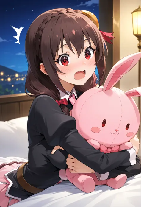 Yunyun konosuba,Crimson Eyes,is embarrassing、blush、happy、Open His Mouth、 night、Indoor、Highest Quality、The woman is hugging a pink stuffed rabbit、Very surprised、side view