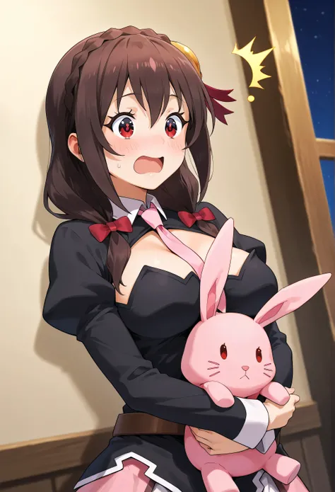 Yunyun konosuba,Crimson Eyes,is embarrassing、blush、happy、Open His Mouth、 night、Indoor、Highest Quality、The woman is hugging a pink stuffed rabbit、Very surprised、side view
