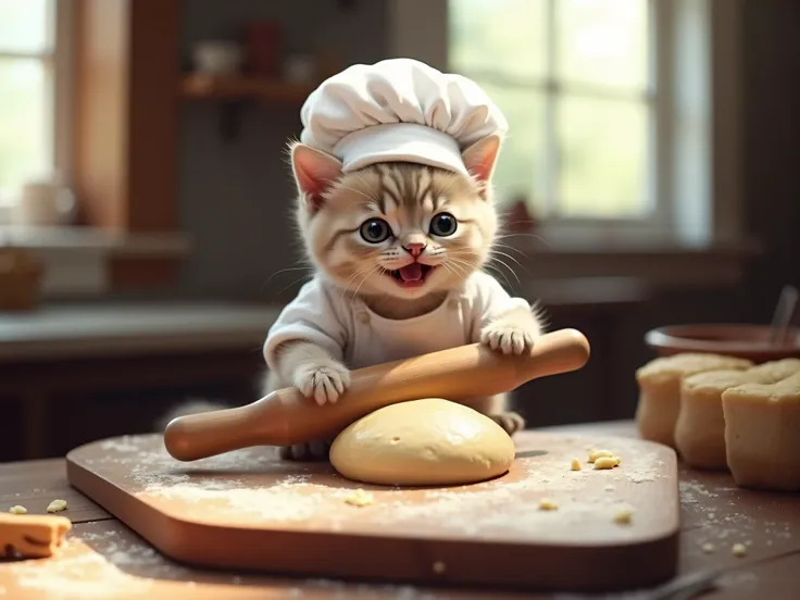(((greatest masterpiece)))、(((Highest Quality)))、(((high definition)))、A very cute kitten wears a white cock hat and a white apron、Smiling and rolling out the bread dough with a rolling pin、 Realistic cinematic image (kitchen) Roll out the bread dough w...