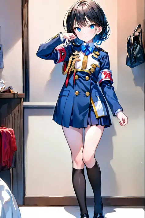 Little Girl with High Pressure Discipline Chairman，((From ↓:1.2)),(((Chairman of the Discipline Committee's armband)))，cowboy shot，About 150 centimeters,charismatic presence,Young face，High School， 周囲を高身長男子High School生が取り囲む,Pointing and Instructing,4K High...