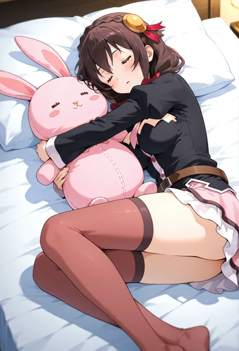Yunyun konosuba, so happy、is sleeping、blush、 night、Indoor、Highest Quality、The woman is hugging a pink stuffed rabbit、lying on the bed、Lie down on your side、I'm holding my knee