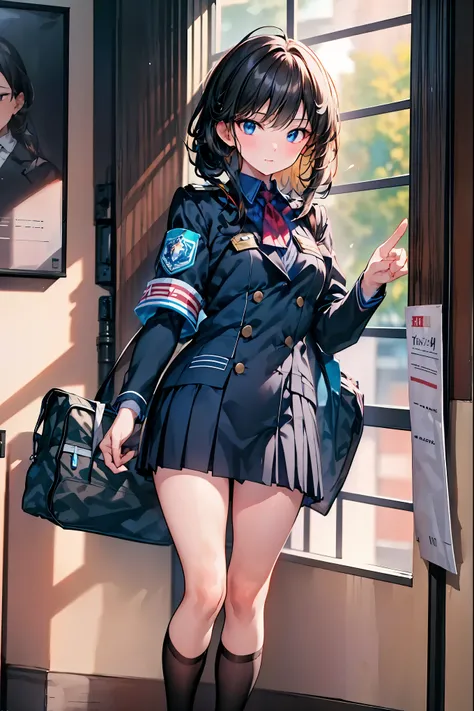 Little Girl with High Pressure Discipline Chairman，((From ↓:1.2)),(((Chairman of the Discipline Committee's armband)))，cowboy shot，About 150 centimeters,charismatic presence,Young face，High School， 周囲を高身長男子High School生が取り囲む,Pointing and Instructing,4K High...