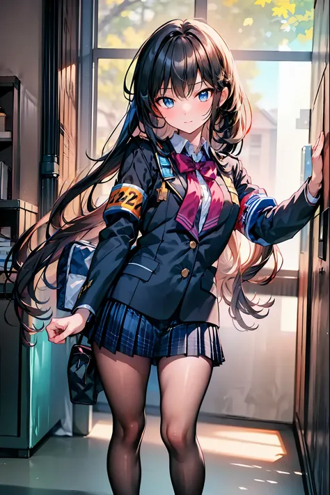 Little Girl with High Pressure Discipline Chairman，((From ↓:1.2)),(((Chairman of the Discipline Committee's armband)))，cowboy shot，About 150 centimeters,charismatic presence,Young face，High School， 周囲を高身長男子High School生が取り囲む,Pointing and Instructing,4K High...