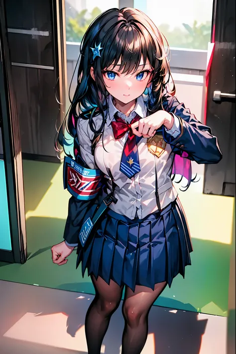 Little Girl with High Pressure Discipline Chairman，((from above:1.2)),(((Chairman of the Discipline Committee's armband)))，cowboy shot，About 150 centimeters,charismatic presence,Young face，High School， 周囲を高身長男子High School生が取り囲む,Pointing and Instructing,4K ...