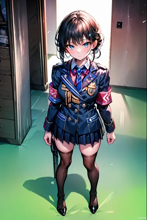 Little Girl with High Pressure Discipline Chairman,((from above:1.2)),(((Chairman of the Discipline Committee's armband))),cowboy shot,About 150 centimeters,charismatic presence,Young face,High School, 周囲を高身長男子High School生が取り囲む,Pointing and Instructing,4K ...