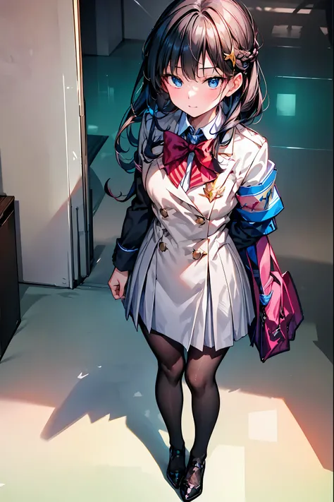 Little Girl with High Pressure Discipline Chairman，((from above:1.2)),(((Chairman of the Discipline Committee's armband)))，cowboy shot，About 150 centimeters,charismatic presence,Young face，High School， 周囲を高身長男子High School生が取り囲む,Pointing and Instructing,4K ...