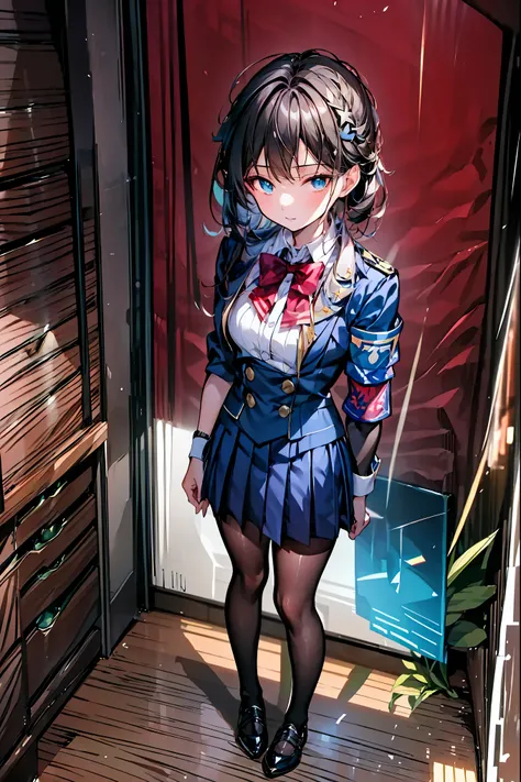 Little Girl with High Pressure Discipline Chairman，((from above:1.2)),(((Chairman of the Discipline Committee's armband)))，cowboy shot，About 150 centimeters,charismatic presence,Young face，High School， 周囲を高身長男子High School生が取り囲む,Pointing and Instructing,4K ...