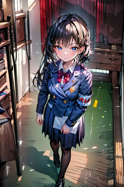 Little Girl with High Pressure Discipline Chairman，((from above:1.2)),(((Chairman of the Discipline Committee's armband)))，cowboy shot，About 150 centimeters,charismatic presence,Young face，High School， 周囲を高身長男子High School生が取り囲む,Pointing and Instructing,4K ...