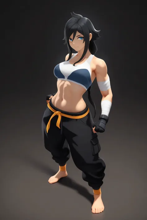 The character in the image is an animated figure with a vibrant and dynamic design. The individual has an athletic and toned build, emphasized by her costume, that includes a white blouse that reveals your belly. Her pants are large and loose, colored in v...