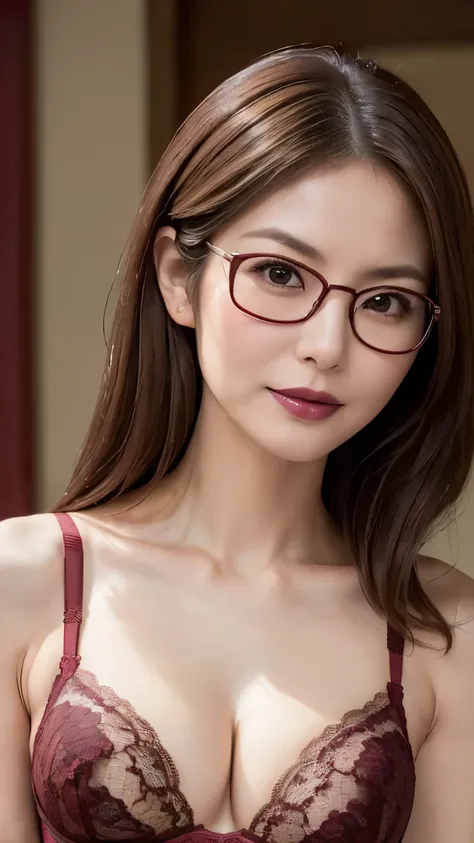 very detailed, masterpiece , Highest Quality, (( Realistic)) 、((50 year old Japanese woman wearing round glasses)) 、beautiful detailed eyes 、((makeup、Lipstick))、((cleavage)), ( Slim, skinny body:1.6)、((beige hair from before sitting、Straight Medium Hai...