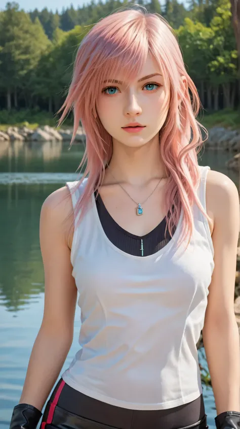 1girl, solo,lightning farron,blue eyes,pink hair,long hair,outdoors,potrait,forest,medium breast,(lake background:1.4),front view,final fantasy outfit, black glove,(close up:1.2),(wear tanktop:1.5),potrait,standing still,bike shorts