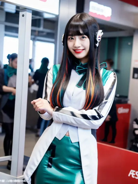 (Extremely Detailed CG), (Highest Quality), 1girl, perfect face,shiny skin,thin waist, Wide Hips AzuArk,high heels, footwear,Humagear_headphones,Black nails,white jacket that grips the bangs hard,skirt,long sleeve,赤い髪, Red Eyes, blunt Bang,pantyhose,multic...