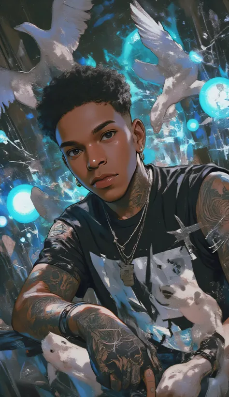 Black man in a surreal digital collage, tattoo artist theme — he holds a tattoo machine, surrounded by glowing orbs of blue and grey energy, cranes flying around him, and abstract symbols like lizards and geometric forms. His expression is deep, introspect...