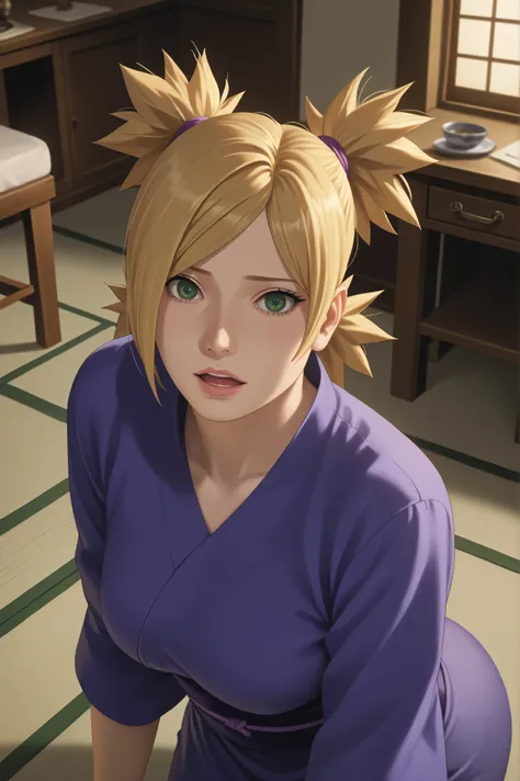 score_9,score_8_acima,score_7_acima, obra-prima, melhor qualidade, incredible quality, anime coloring, anime screenshot, 1 , mulher madura, Temari Nara, cabelos loiros, olhos verdes, hair tied in four ponytails, (( quimono roxo )), (Semi-nu), olhos detalha...