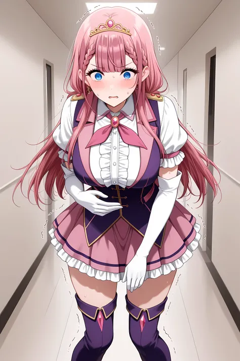 <lora:mafuyu-kirisu-s2-ponyxl-lora-nochekaiser:1>, mafuyu kirisu, blue eyes, braid, long hair, twin braids, pink hair, large breasts,,boots, center frills, dress, elbow gloves, frilled skirt, frills, gloves, magical girl, pink skirt, puffy short sleeves, p...