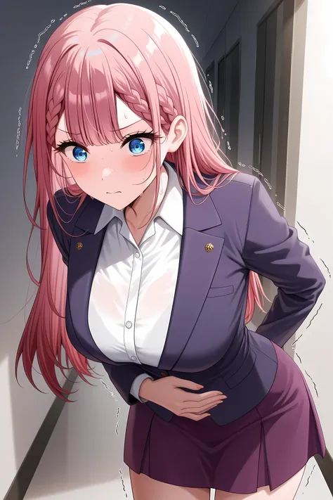 <lora:mafuyu-kirisu-s2-ponyxl-lora-nochekaiser:1>, mafuyu kirisu, blue eyes, braid, long hair,  pink hair, large breasts,,long sleeves, purple skirt, shirt, skirt, suit jacket, white shirt, blazer,,solo, general, masterpiece, highres, ultra-detailed, hyper...
