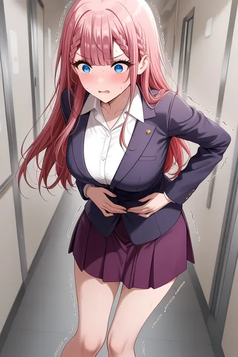 <lora:mafuyu-kirisu-s2-ponyxl-lora-nochekaiser:1>, mafuyu kirisu, blue eyes, braid, long hair,  pink hair, large breasts,,long sleeves, purple skirt, shirt, skirt, suit jacket, white shirt, blazer, solo, general, masterpiece, highres, ultra-detailed, hyper...